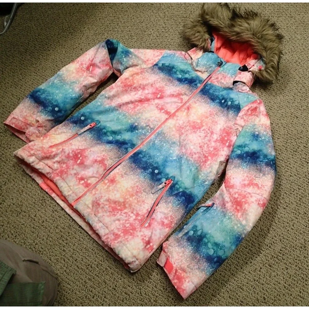 Roxy American Pie Girl Jacket Girls XL 14 Pink Blue Excellent DryFlight 10K Hood